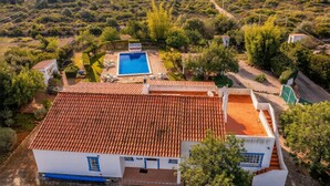 Une villa dotée d’une piscine, d’un toit en tuiles de terre cuite et d’une végétation luxuriante.