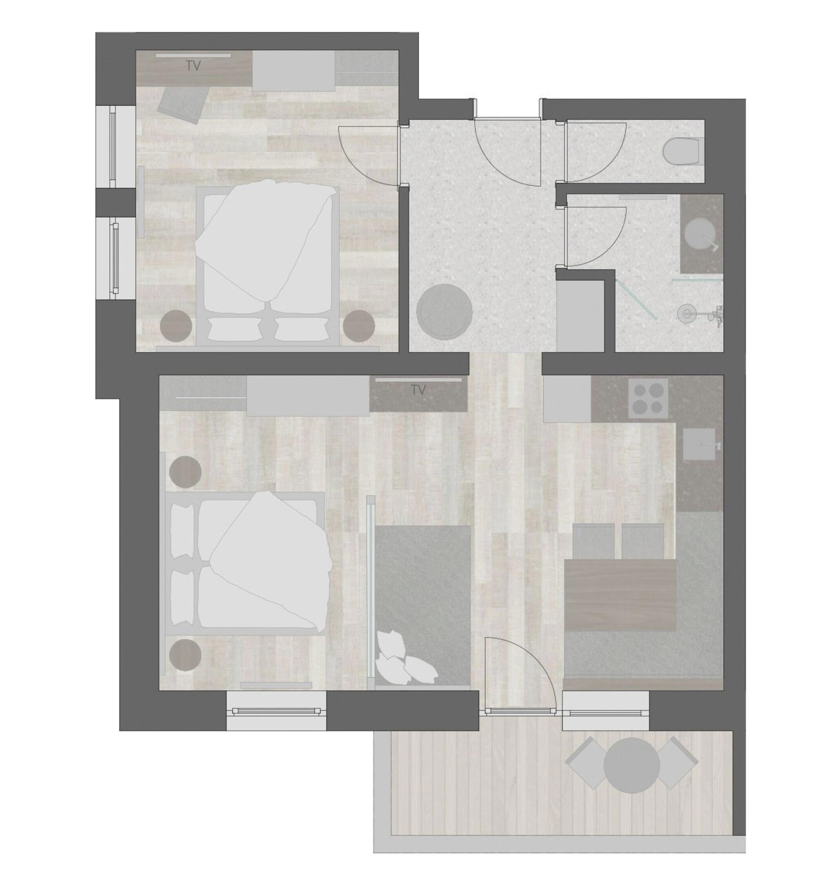 Plan d’étage d’une chambre d’hôtel comprenant un téléviseur, un coin salon, une kitchenette et une salle de bain.