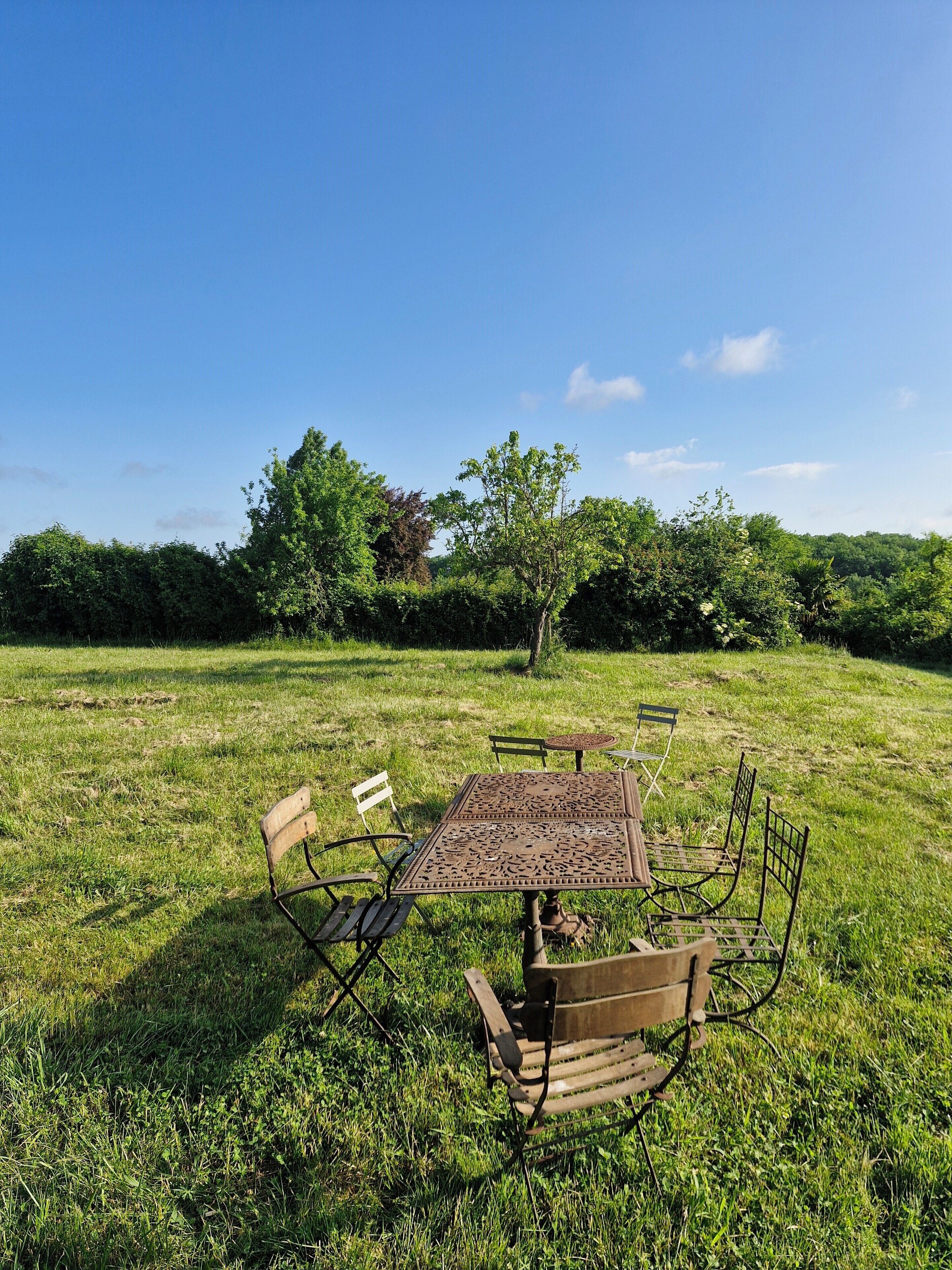 Un espacio al aire libre para comer con una mesa y sillas de metal, rodeado de un campo cubierto de césped y árboles.