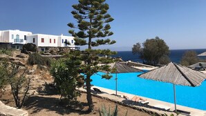 A resort with a pool, white buildings, and a pine tree. - Smart  4 pers. apar. in Costa Ilios resort Myconos (Mikonos)