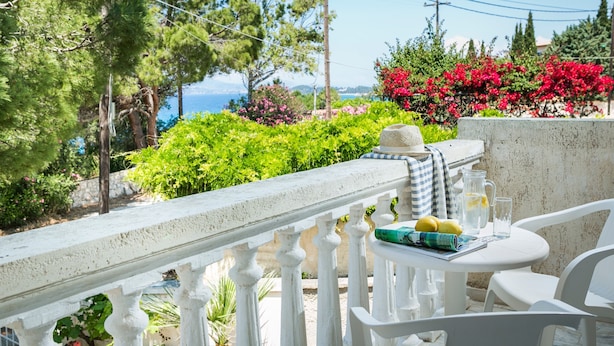 Een balkon met witte relingen dat uitkijkt over een tuin met verschillende planten en een uitzicht op de zee.