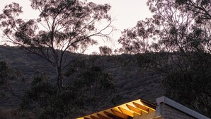 Ein modernes Gebäude mit einer Stein-Fassade, großen Fenstern und einer Holz-Pergola.