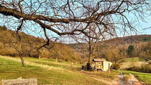 Ein hölzernes Wegweiser mit der Aufschrift 'Panoramaweg', eine rustikale Holzkonstruktion, und ein Feldweg, der durch eine grüne Landschaft mit Bäumen und Hügeln im Hintergrund führt.
