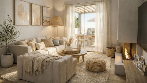 Una sala de estar moderna con sofá, reposapiés, mesa de centro y chimenea. Se ve un área de comedor con mesa y sillas a través de una puerta de cristal.