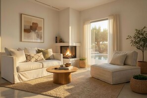 A modern living room with a fireplace, two sofas, a coffee table, and a view of a pool. - Villa Michael with Swimming pool (Agriana)