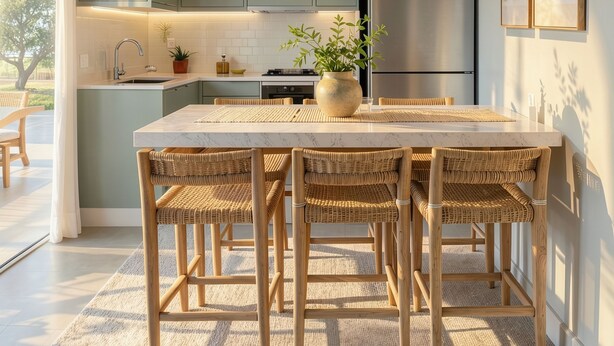 Moderni keittiö, jossa on vihreät kaapit, ruostumattomasta teräksestä valmistettu jääkaappi sekä ruokailutila, jossa on marmoripöytä ja rottinkituolit.