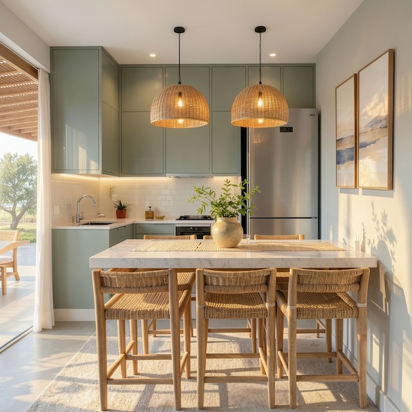 A modern kitchen with green cabinets, a stainless steel refrigerator, and a dining area with a marble table and wicker chairs. - Villa Michael with Swimming pool (Agriana)