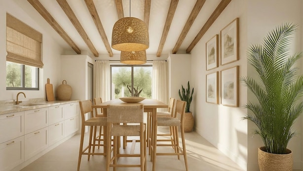 Een moderne keuken met houten balken, een groot raam en een eethoek met rieten stoelen en een centraal kookeiland.