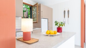 Eine Küche mit modernem Design, inklusive einer Arbeitsplatte, einem Kühlschrank, einem Topfpflanzen und einem Teller Zitronen.