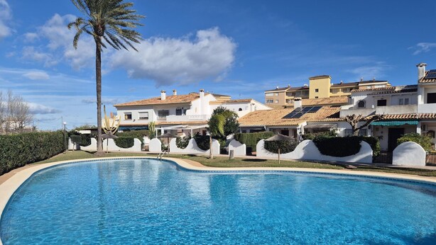 A swimming pool with a curved edge, surrounded by white walls and a palm tree. - Charming townhouse near river - 6 guests (Denia)