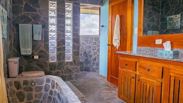 Shower, towels, soap, toilet paper