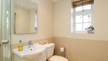 Een badkamer met een wastafel, toilet en een raam met een bloempot.