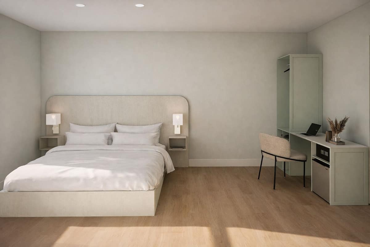 Chambre double, 1 trĂšs grand lit | Coffre-fort pour ordinateur portable, bureau