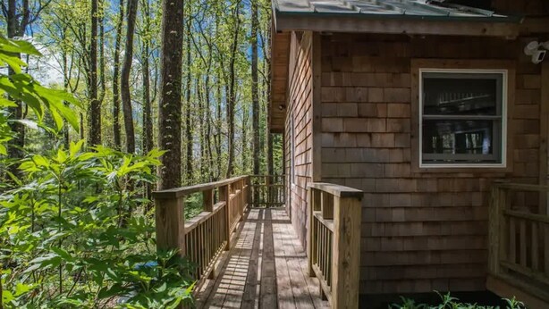 A wooden cabin with a wooden deck leading to the entrance, surrounded by trees. - Cozy Guest Cabin Pet Friendly Secluded Peaceful (Chimney Rock)