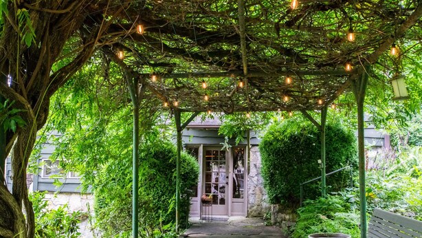 A covered garden pathway with a bench, surrounded by lush greenery and a building with a glass door. - Peaceful Woodsy Studio 15 Min to Town Free Tix (Hendersonville)