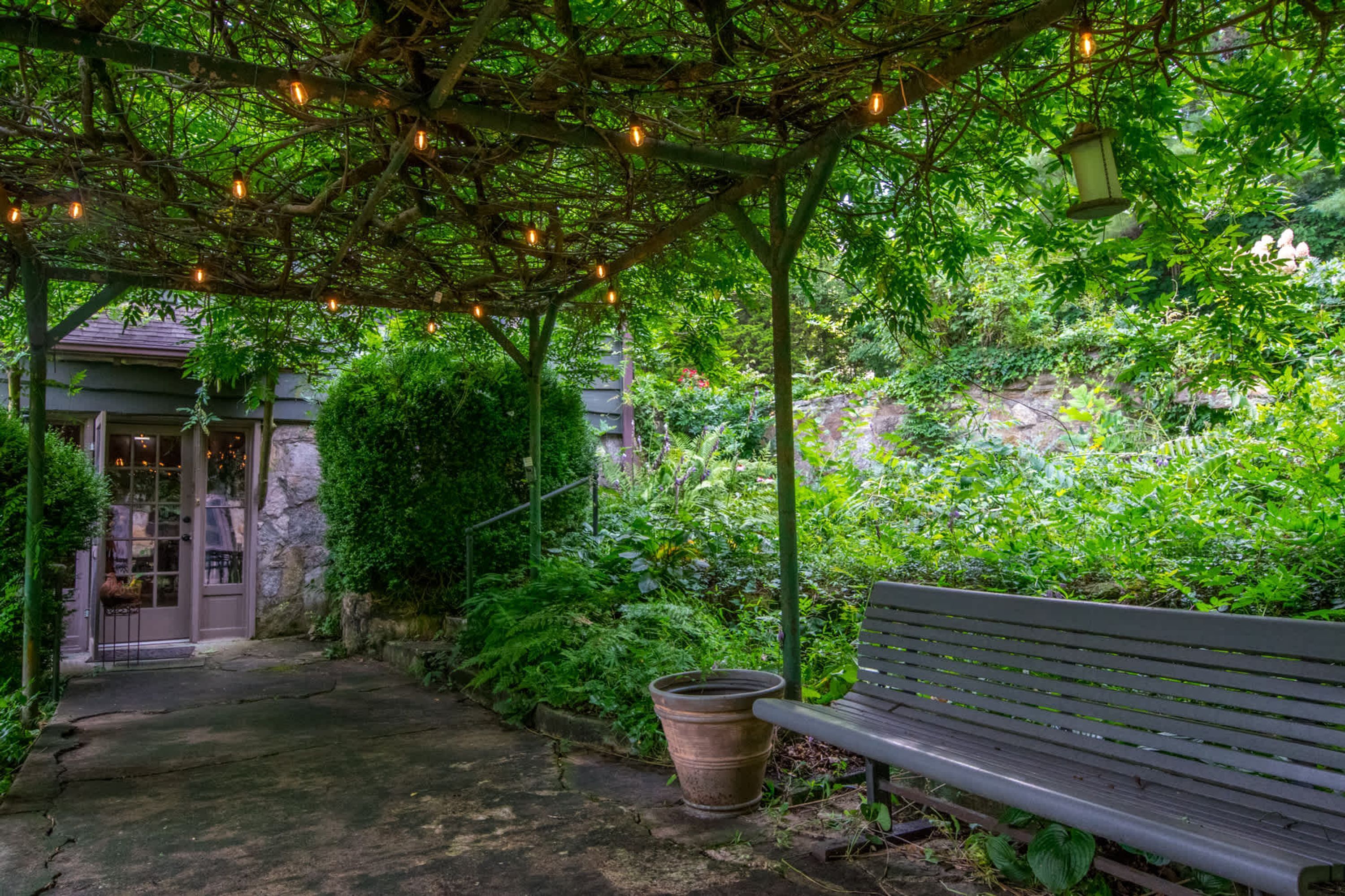 A covered outdoor area with a bench, string lights, and a potted plant.