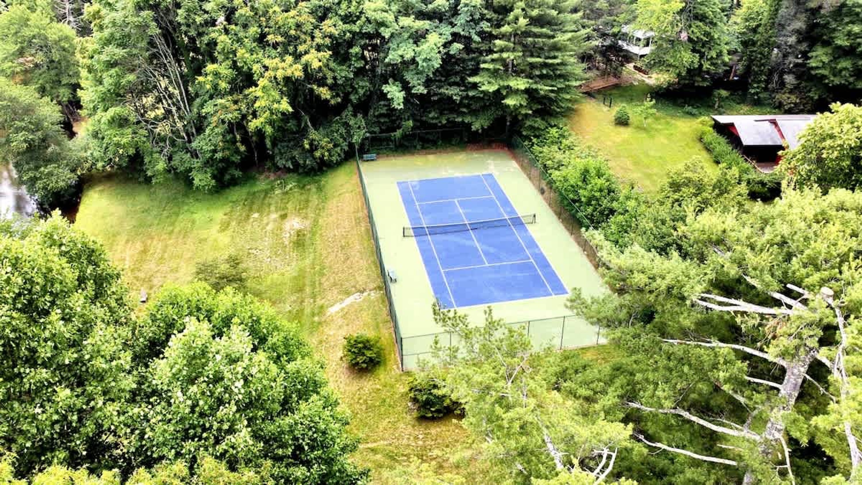 Vista aèria d'una pista de tennis envoltada de vegetació abundant i arbres.