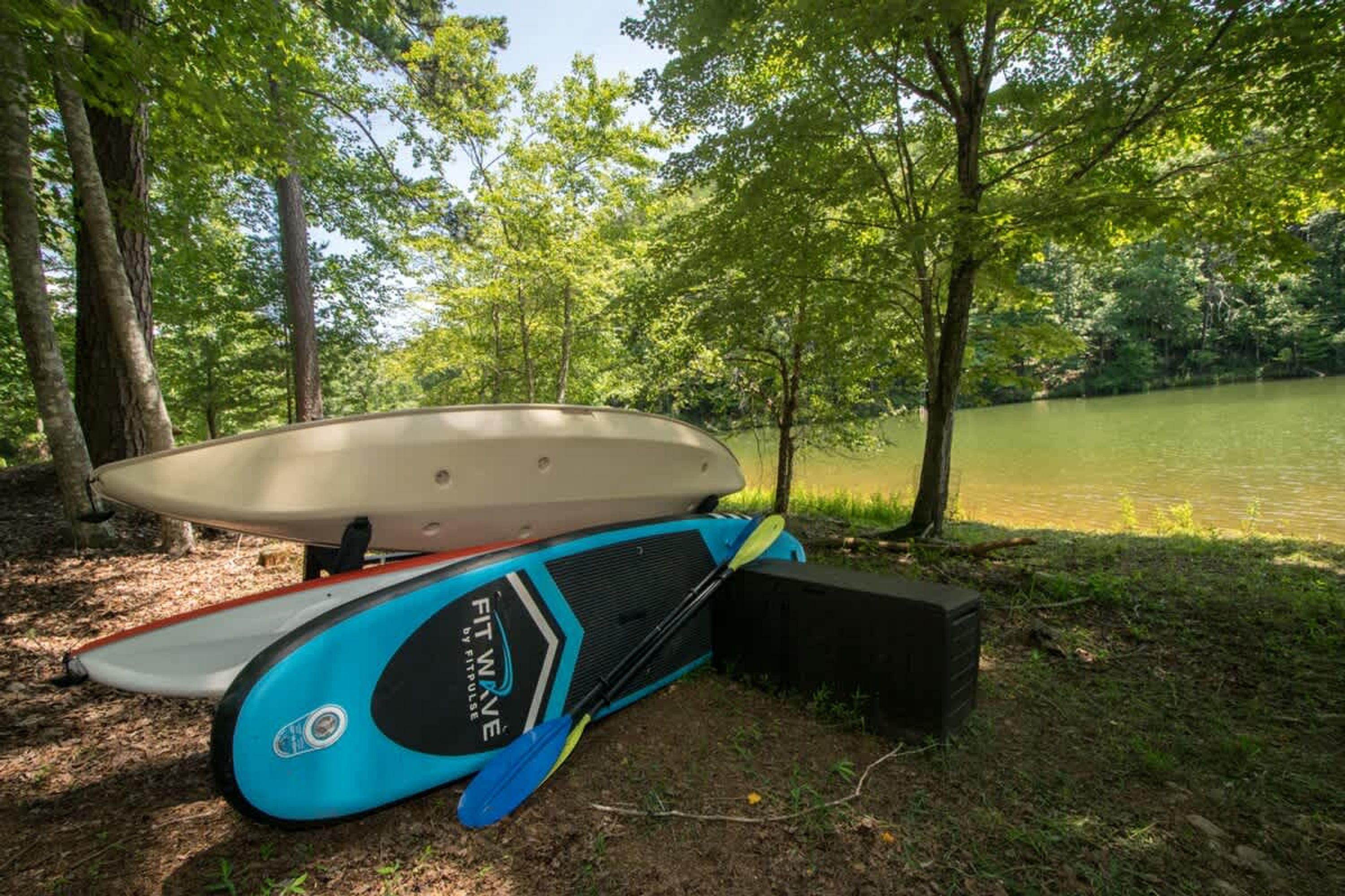 A kayak and paddle leaning against a tree by a calm lake surrounded by greenery.