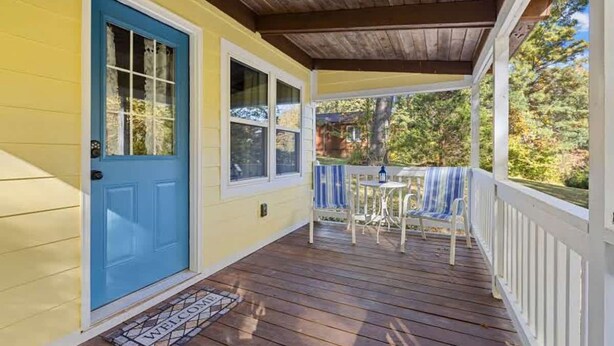 A porch with a blue door, a small table, and two chairs. - Accessible 1BR Cottage w Firepit Near Trails (Hendersonville)