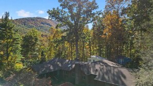 A house surrounded by trees with a mountain in the background. - Cozy 1BR Cottage w Firepit Close to Downtown (Hendersonville)