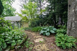 A garden with a variety of plants and a small shed. - Historic 4BR Colonial w Pool Table Fire Pit (Hendersonville)