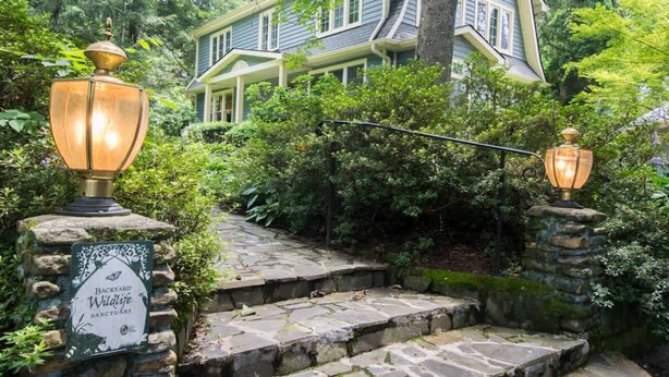 A stone staircase leading to a house surrounded by lush greenery. - Historic 4BR Colonial w Pool Table Fire Pit (Hendersonville)