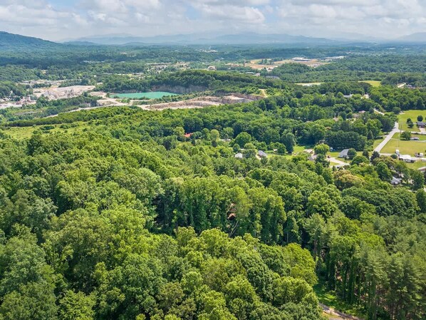 Une vue aérienne d’une zone boisée, parsemée de bâtiments, sous un ciel dégagé.