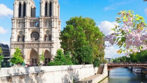 A historic cathedral with twin towers and a large rose window, located beside a river with a bridge and trees. - STUDIO NOTRE DAME - Latin Quarter (Paris)
