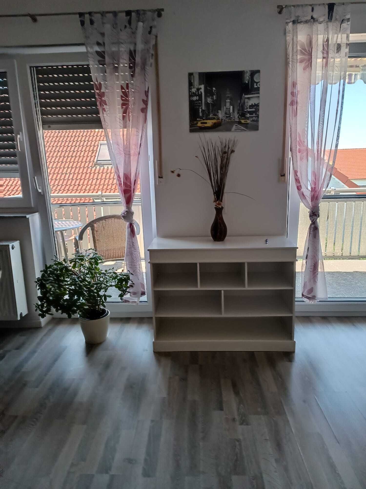 Huoneessa on puulattia, ruukussa oleva viherkasvi, valkoinen konsolipöytä ja ikkuna, josta avautuu näkymä punatiiliselle katolle.