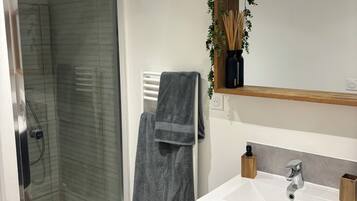 Séchoir à cheveux, serviettes fournies, savon, papier de toilette