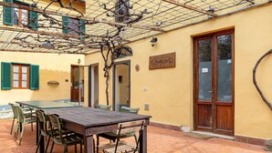 An outdoor dining area with a wooden table and chairs, a yellow wall, and a door with a sign. - Triple Room - Podere Cavallone - Space and Nature near Florence (Montelupo Fiorentino)