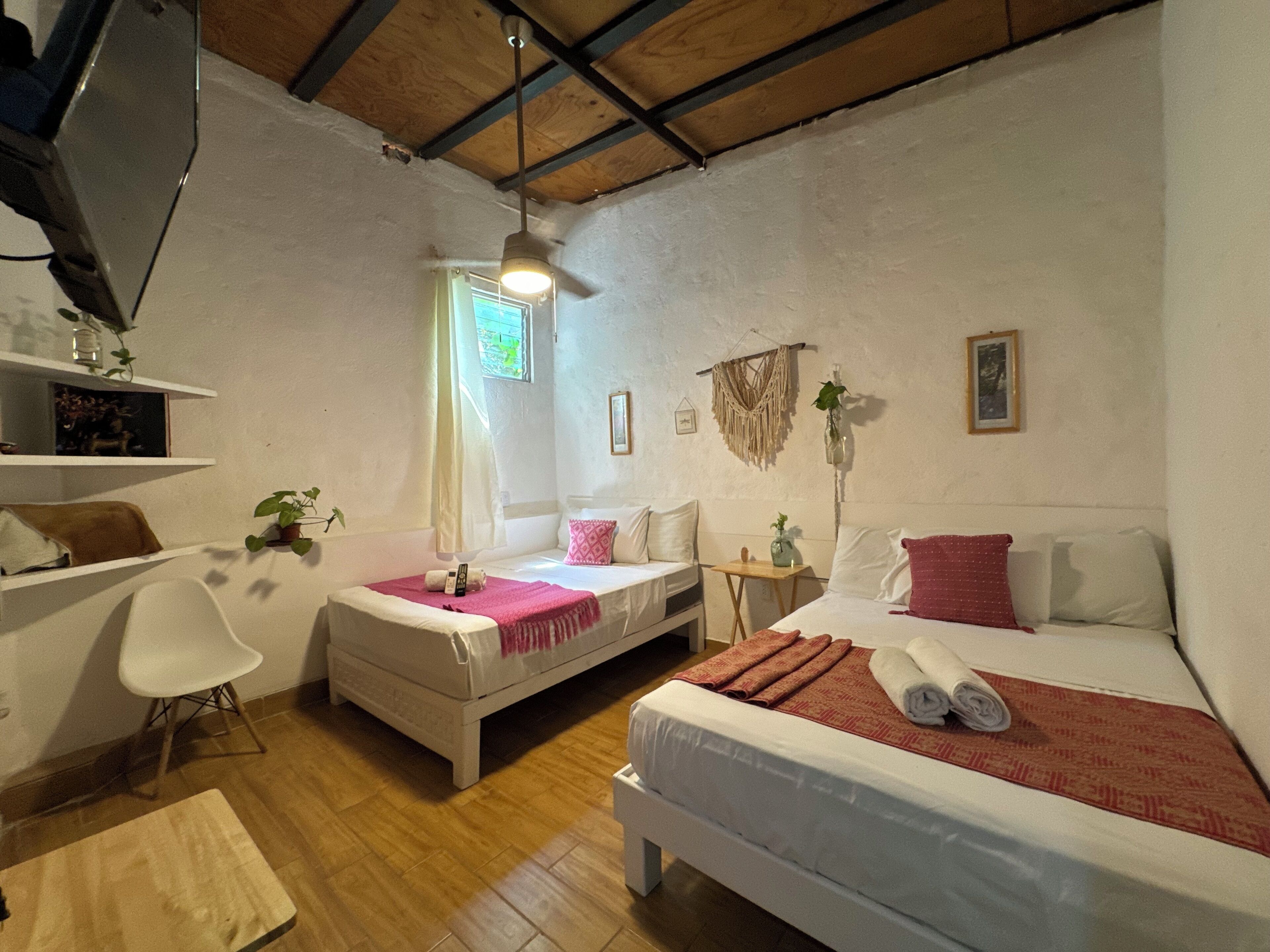 Una habitación acogedora con una cama, dos camas individuales, una silla, un escritorio y una estantería con plantas.