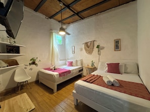 A cozy room with a bed, two smaller beds, a chair, a desk, and a shelf with plants. - Hostal Casa de Zeferina (Tuxtla Gutiérrez)
