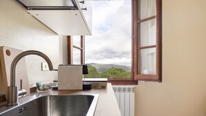 Una cocina con un lavamanos de acero inoxidable, una ventana con vistas a la vegetación y montañas, y un electrodoméstico blanco sobre la encimera.