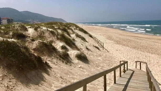 Una playa arenosa con un camino de madera que conduce al agua.
