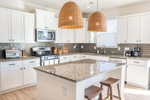 Fridge, microwave, oven, stovetop - Waterfront Views, Peloton & Office Near Charleston (Hanahan)