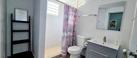 Shower, hair dryer, towels, toilet paper