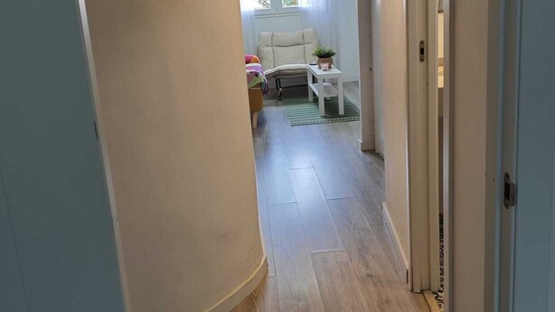 A hallway with wooden flooring, a white sofa, a small table with a plant, and a hanging light fixture. - Nice apartment in quiet neighborhood near downtown (València)