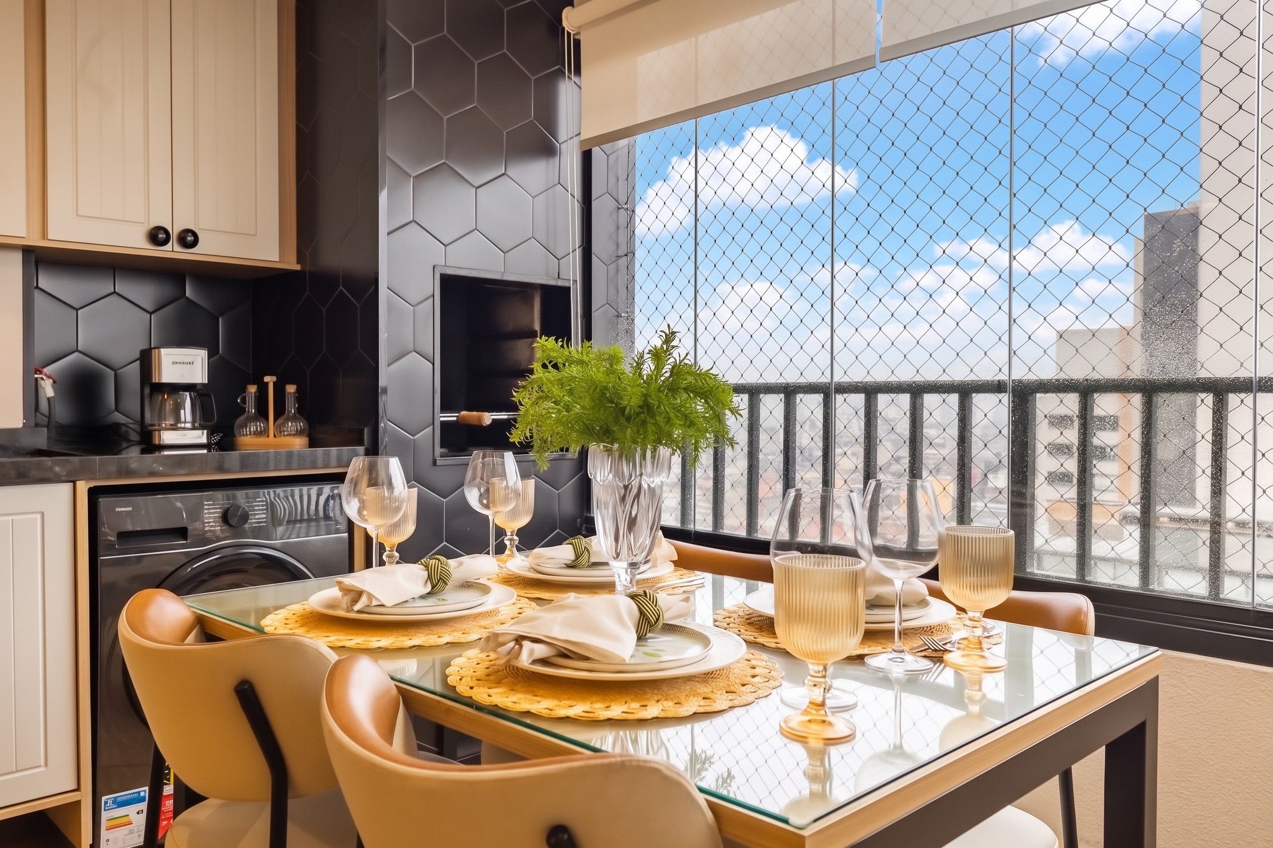 Uma sala de jantar com mesa posta para quatro pessoas, cafeteira, lava-louças e vista da cidade através de uma janela com grade de metal.