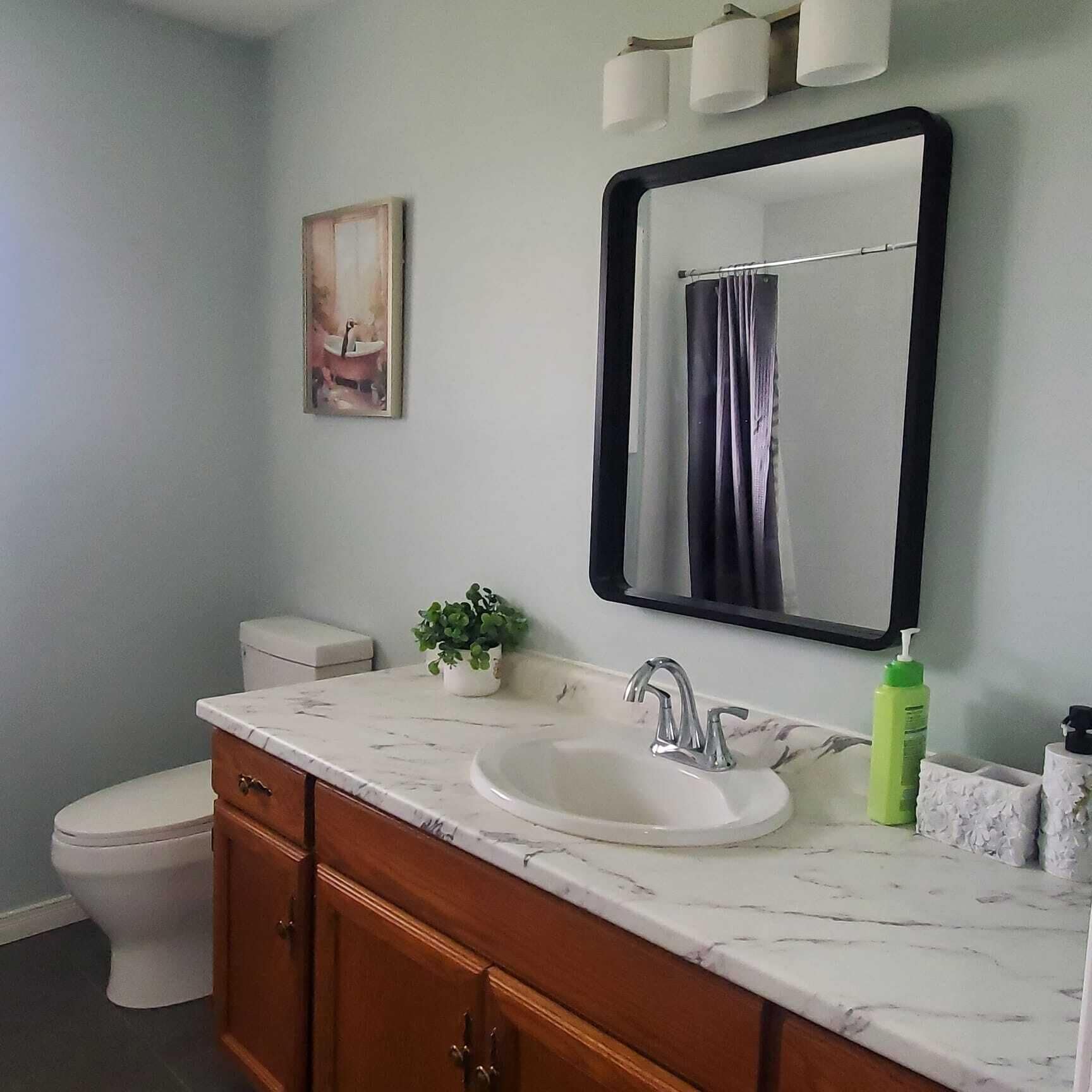 Een badkamer met een wit toilet, een marmeren wastafel, een spiegel met een zwarte lijst, een kleine potplant en een groene fles.
