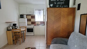 Un ambiente compatto con angolo cottura, zona pranzo e divano.