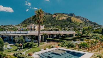 Eine moderne Villa mit Schwimmbad, üppigem Garten und Bergblick.