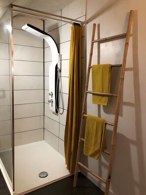 Shower, hair dryer, towels