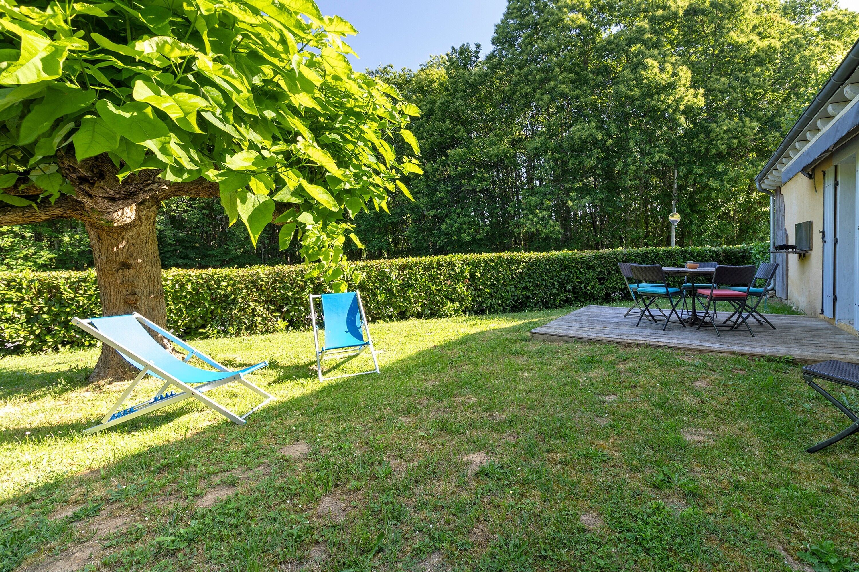 Een achtertuin met een boom, gazon, houten terras en tuinmeubilair.