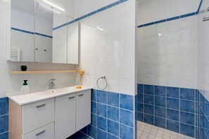 Shower, hair dryer, towels