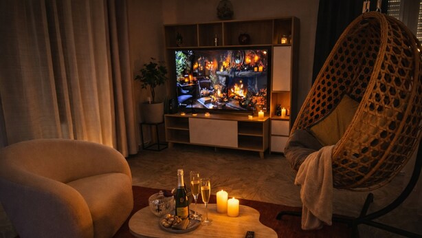Un salon confortable avec une télévision, un fauteuil en osier, un canapé, une table basse avec des boissons et des en-cas, et une cheminée.