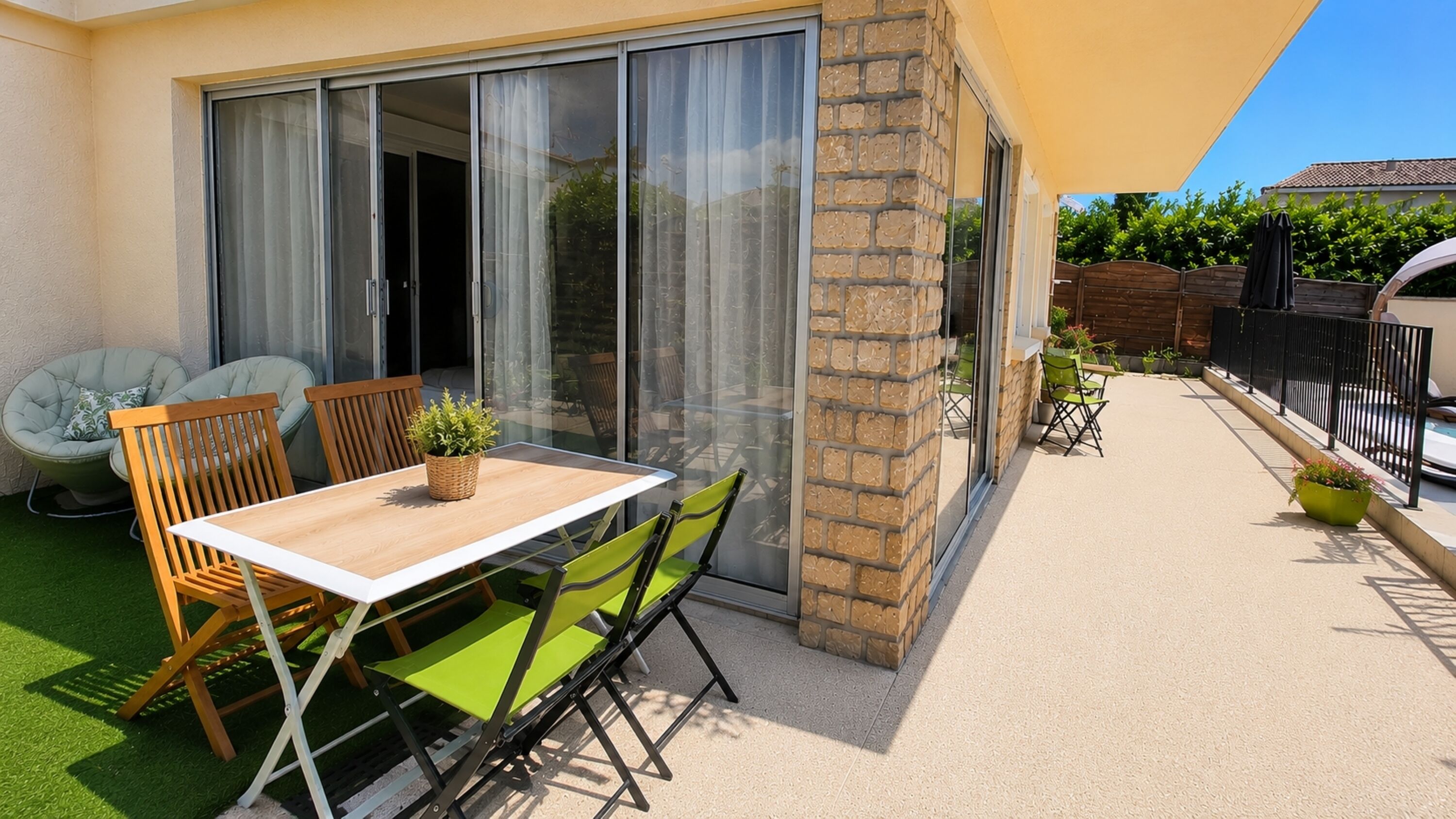 A patio with a table and chairs, a sliding glass door, and a brick wall.