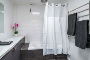 Hair dryer, towels, soap, toilet paper