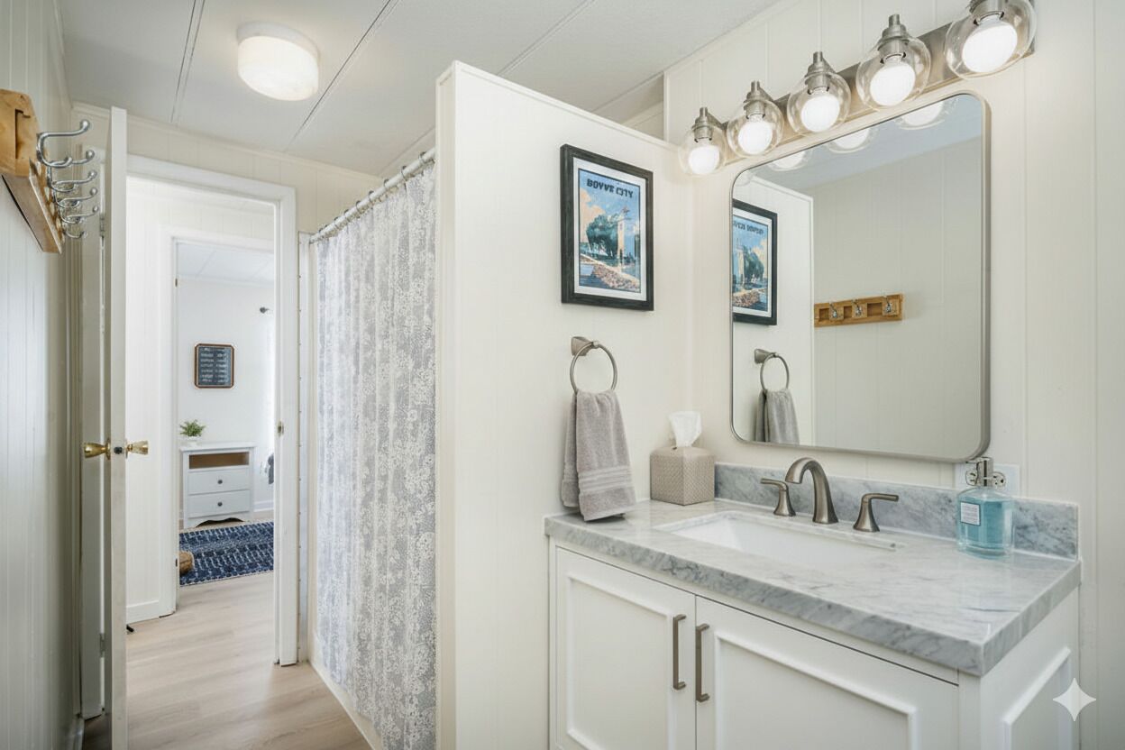 A bathroom with a white vanity, a large mirror, and a shower curtain.