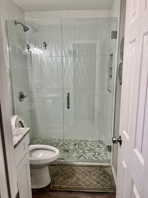 Un baño con ducha de vidrio, inodoro y lavamanos.